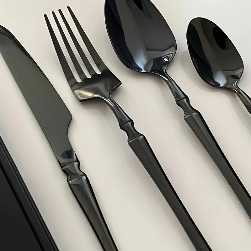 Set di posate in acciaio inossidabile nero da 40/60 pezzi, lucidato a specchio, include forchette da tavola, coltelli da bistecca e cucchiai da zuppa, adatto per