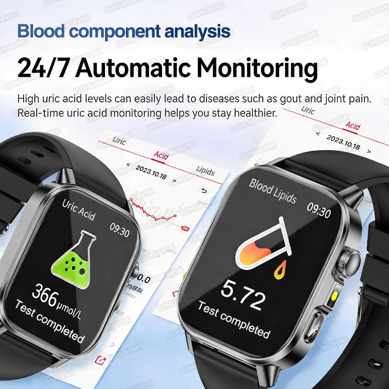 Nuovo Smartwatch per Uomo con Diagnosi ECG Accurata, Misurazione di Pressione Sanguigna, Ossigeno nel Sangue, Grasso nel Sangue, Acido Urico, Temperatura, Chiamate Bluetooth