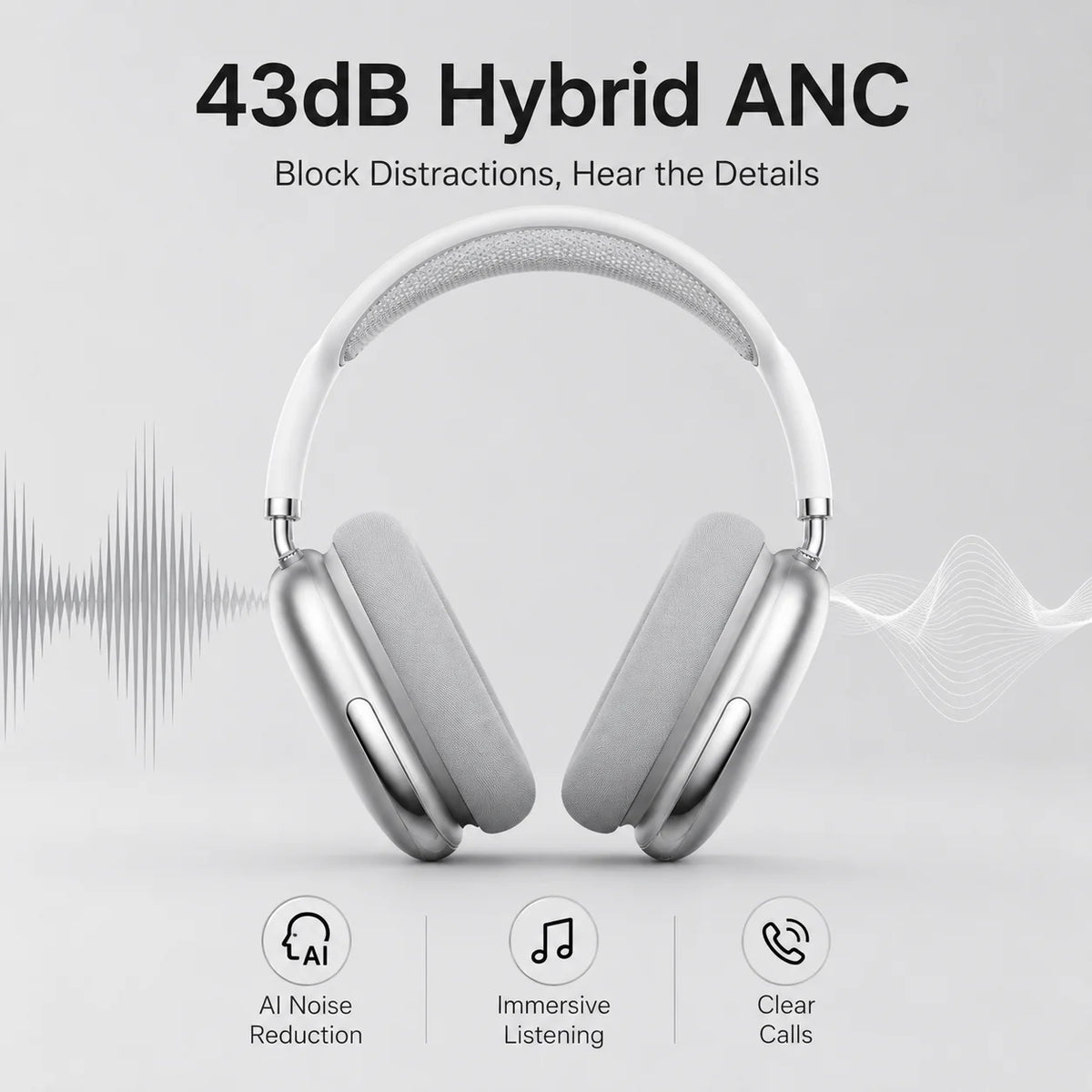 Cuffie Bluetooth ANC Wireless Over-Ear con Cancellazione del Rumore 43dB, Audio HiFi Stereo, 50 Ore di Autonomia, Bluetooth 5.4, Cavo AUX