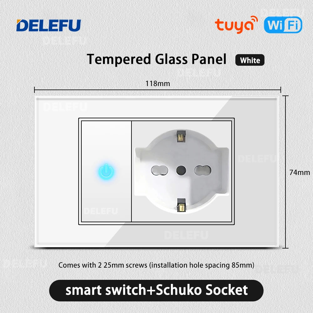 DELEFU Presa a Muro in Vetro Temperato Bianco Italia USB Tipo C Ricarica Rapida Interruttore Schuko TV Satellitare Citofono Cile