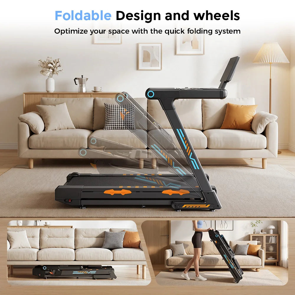 Treadmill Pieghevole FT71 4.0HP, Pedana da Camminata con Inclinazione Automatica del 24%, Macchina da Corsa con APP, Ricarica Wireless, Display LED, Capacità 150KG