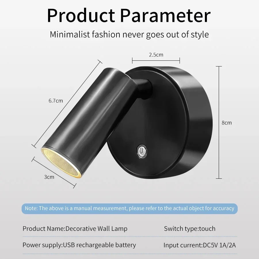 Faretto LED ricaricabile USB Lampada da parete magnetica senza fili Sensore tattile Dimmerabile Faretto per camera da letto per porta dell'armadio a 3 colori