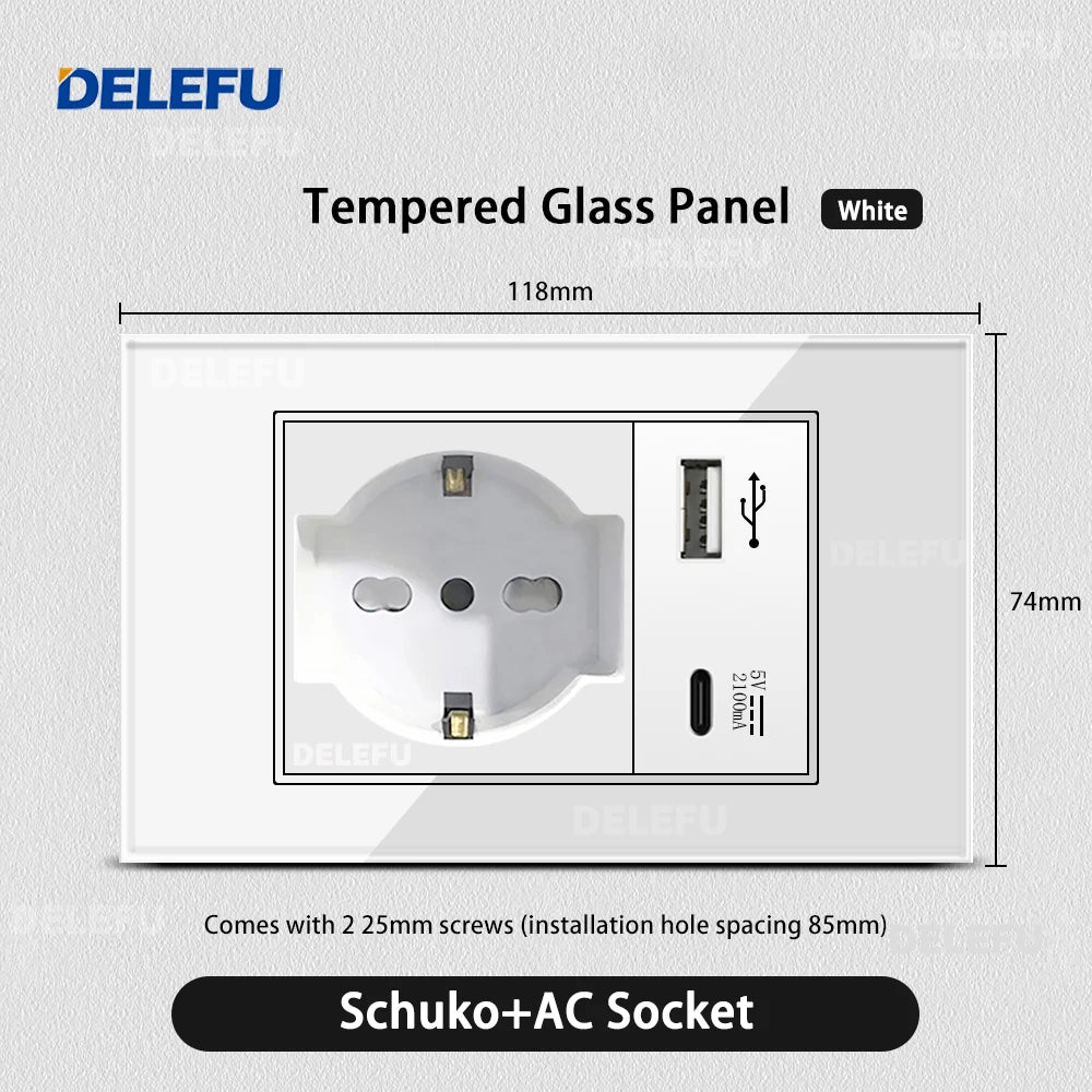 DELEFU Presa a Muro in Vetro Temperato Bianco Italia USB Tipo C Ricarica Rapida Interruttore Schuko TV Satellitare Citofono Cile