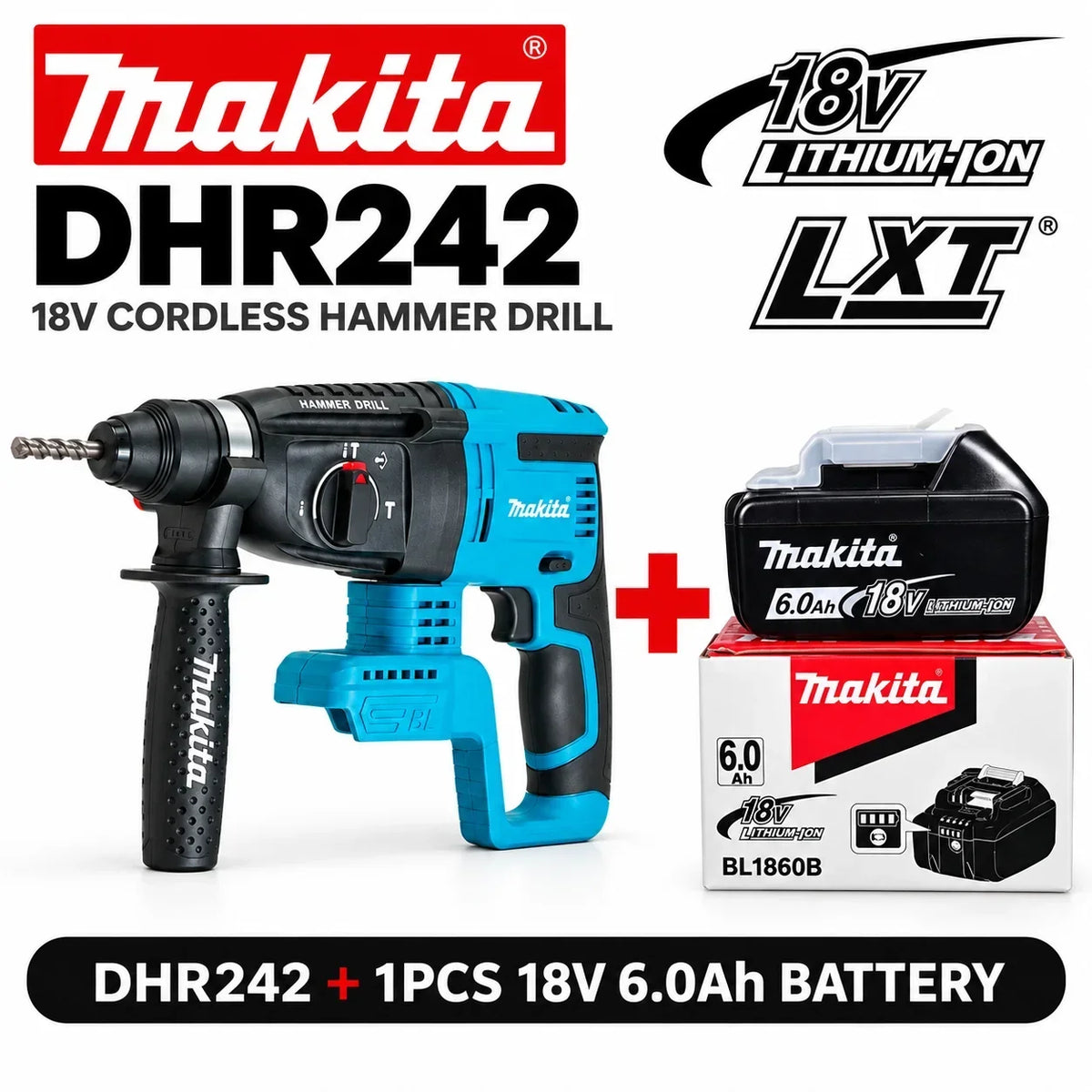 Trapano a percussione rotante senza fili Makita DHR242 18V, capacità per calcestruzzo 24mm, SDS Plus 4700 IPM 2.0J, utensile da costruzione per impieghi gravosi a 3 modalità, compatibile con BL1860B BL1850B BL1815, spedizio