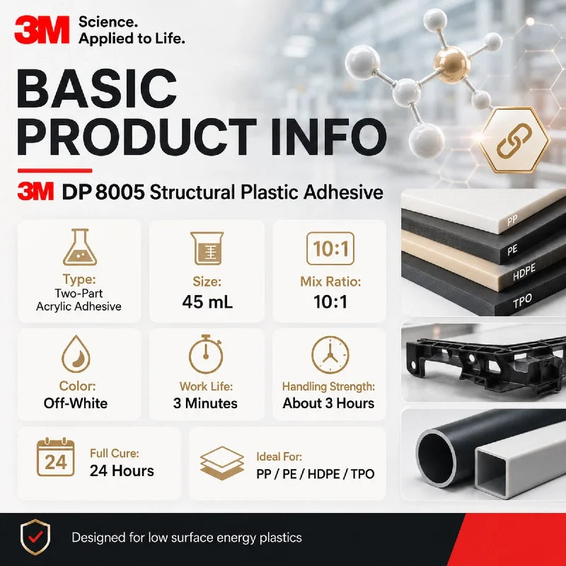 Adesivo Strutturale in Plastica 3M Scotch-Weld DP8005 45ml 10:1 Colla Acrilica Bicomponente per Incollaggio PP PE HDPE TPO