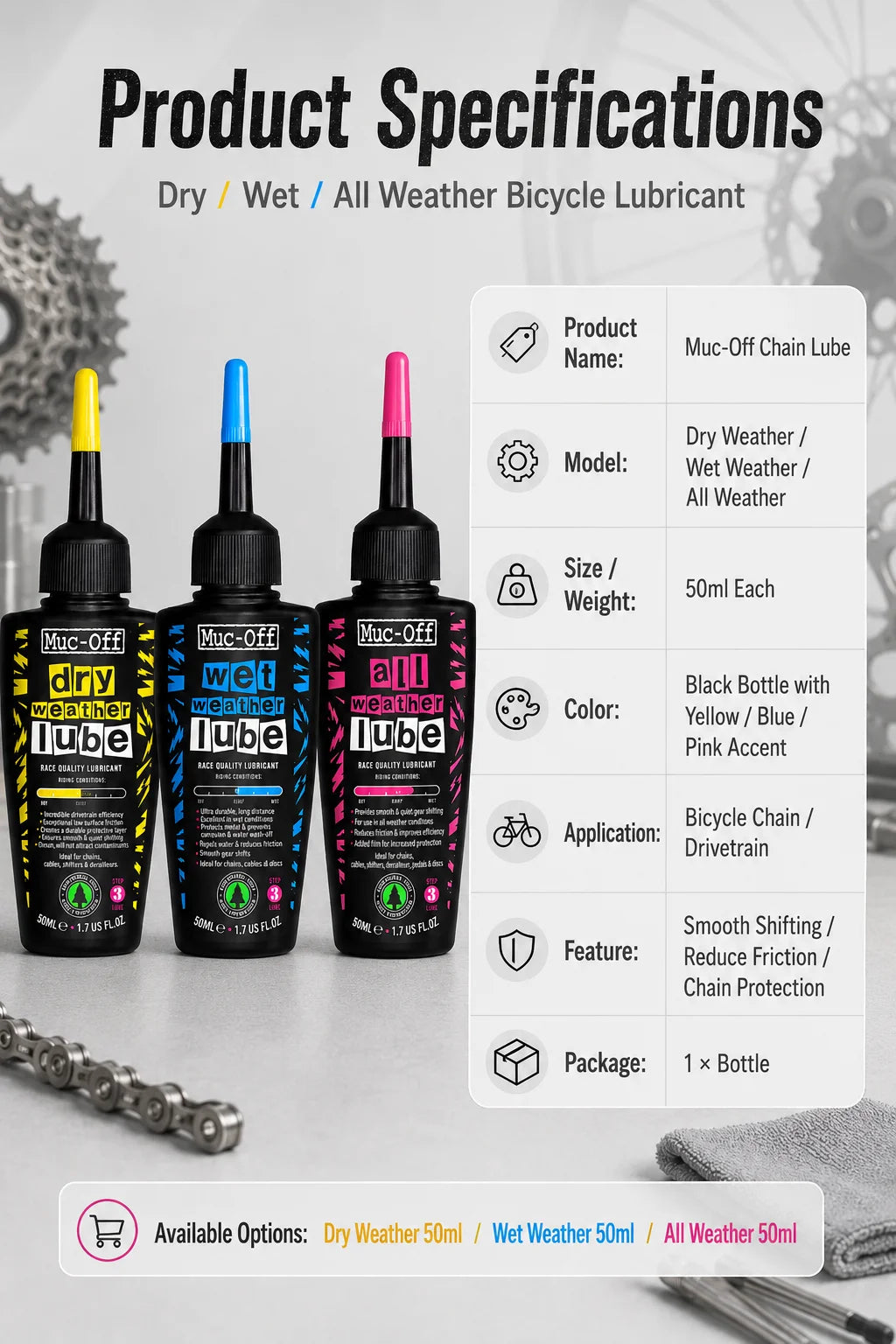 Lubrificante per Catene Muc-Off 50ml, per Uso a Secco o Bagnato, Adatto a Tutte le Condizioni Atmosferiche, Riduce l'Attrito e Garantisce Cambi Fluidi per Biciclette da Strada e MTB