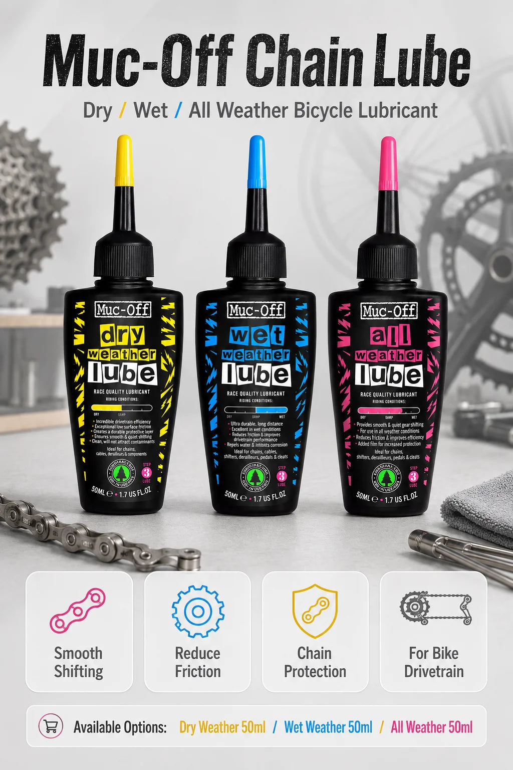 Lubrificante per Catene Muc-Off 50ml, per Uso a Secco o Bagnato, Adatto a Tutte le Condizioni Atmosferiche, Riduce l'Attrito e Garantisce Cambi Fluidi per Biciclette da Strada e MTB