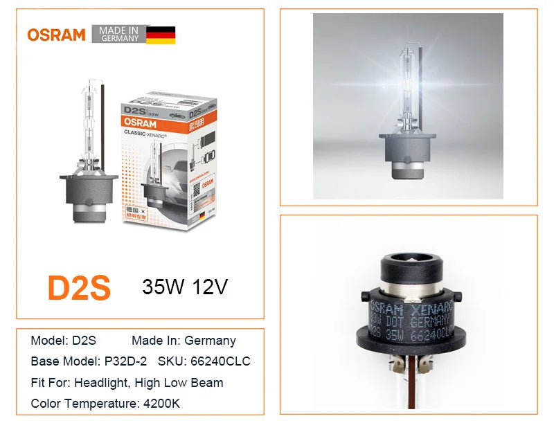 Lampadina OSRAM Xenon Originale D1S D2S D3S D4S 12V 35W per Fari Auto CLASSIC CLC HID 4200K Bianco Standard Germania 1x