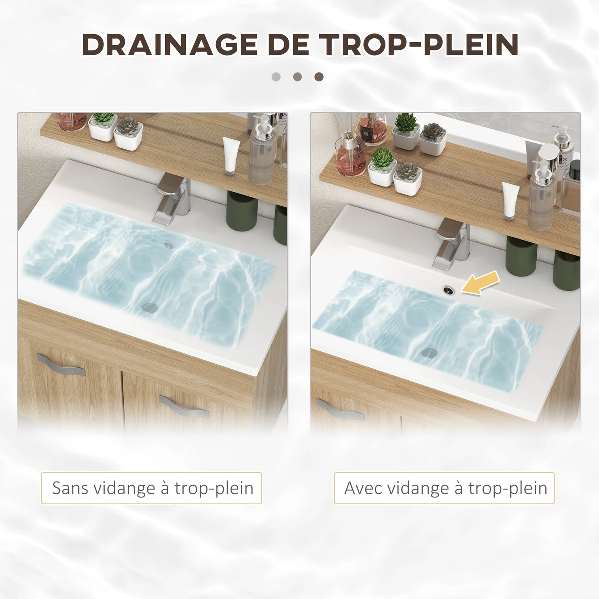 Set da bagno 4 pezzi con mobiletto alto, specchio, lavabo e lavello a parete, finitura naturale