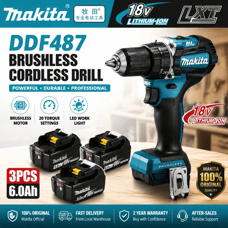 Trapano Avvitatore a Batteria Brushless Makita 18V LXT DDF487 10mm ad Alta Coppia + Kit Batteria BL1860B BL1840 6.0Ah Utensile Elettrico OEM Spedizione Veloce UE