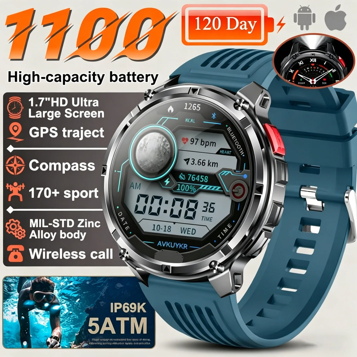 Nuovo Smartwatch T-REX3 Ultra con Batteria da 1100mAh, Impermeabile 10ATM, GPS, Bussola, Torcia, Display AMOLED HD da 1.7'', Chiamate, Orologio Sportivo Intelligente per Uomo