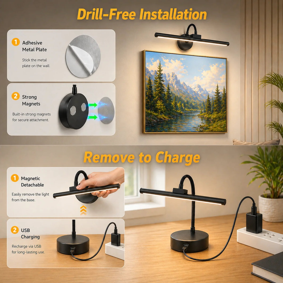Lampada per Quadri da Parete Nera Ricaricabile Senza Fili con Telecomando, Luce LED Magnetica per Dipinti con Display a Colori