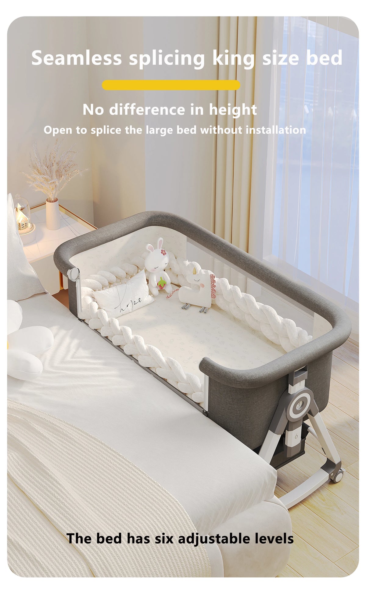 Culla combinata 3 in 1 per neonati, lettino da affiancare al letto, box per bambini, ruote girevoli, altezza regolabile, con materasso confortevole e zanzariera