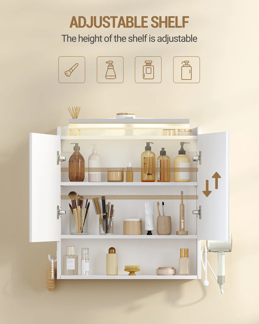 Armadietto a Specchio per Bagno con Illuminazione, Mobile da Bagno con Specchio, Armadietto a Parete, Porta Asciugacapelli e Ganci, con Presa Elettrica
