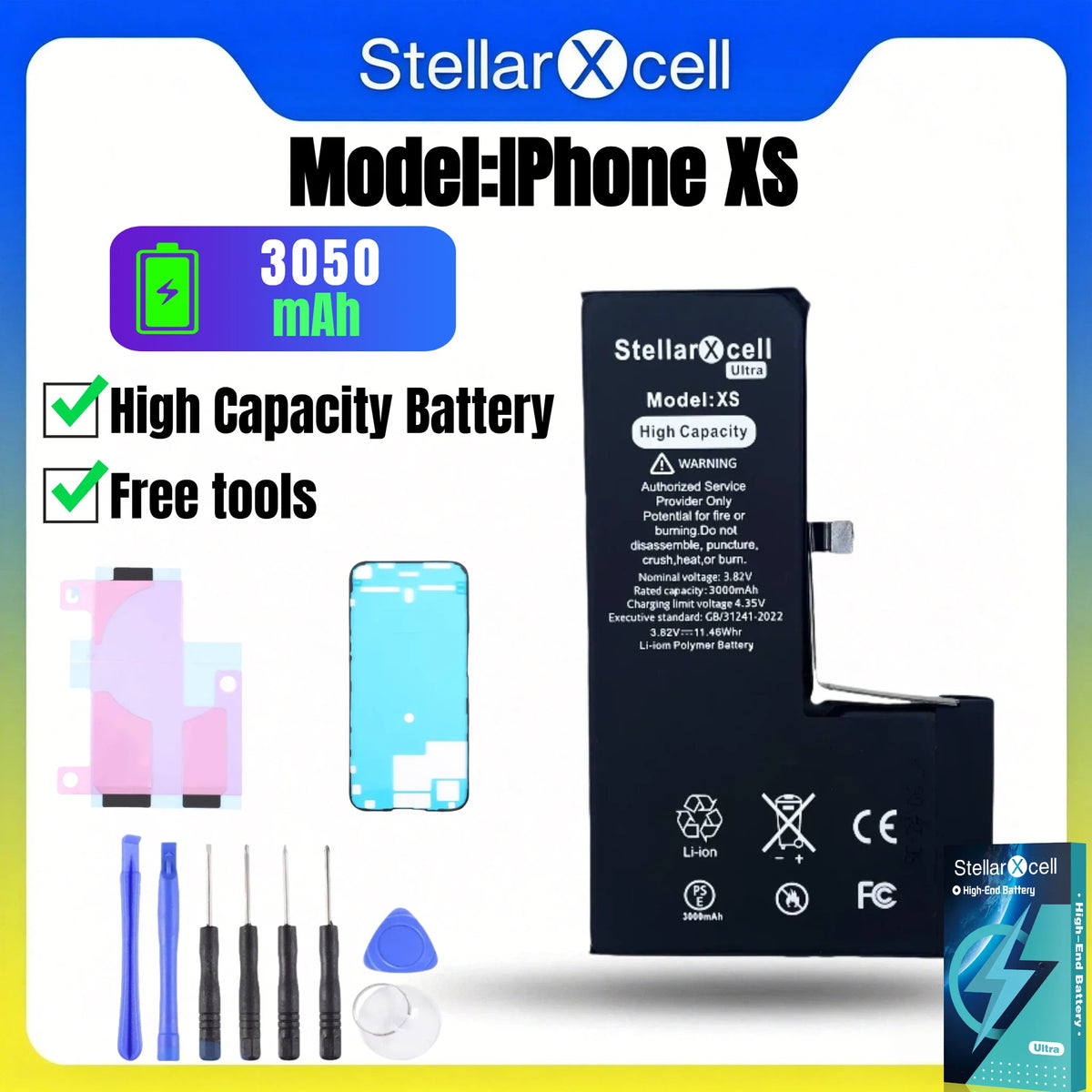 Batteria StellarXcell Ultra per iPhone, Spedita dalla Germania, per iPhone 7 8 X XR XS XSMAX 11 12 13 14 15 Mini Plus Pro Promax, Batteria ad Alta Capacità, Batteria di Alta Qualità, Batteria Sostitutiva per iPhone con Stru