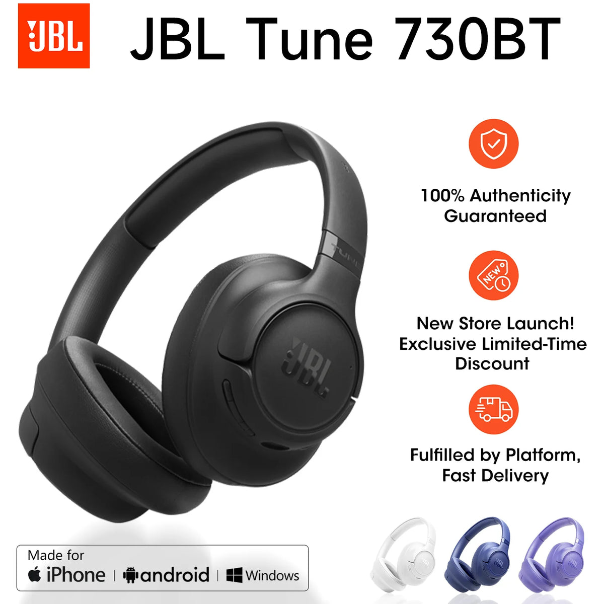 Cuffie wireless JBL Tune 730BT, dotate di tecnologia avanzata di cancellazione del rumore, leggere, pieghevoli, cuffie Bluetooth.