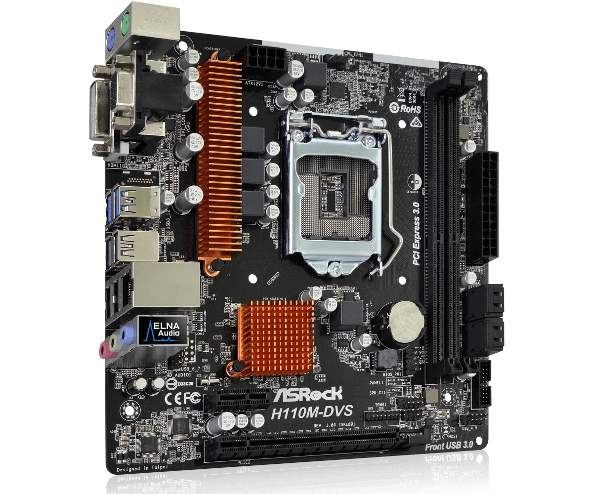 Scheda madre ASROCK H110M-DVS R3.0, socket Intel H110 1151, 2 x DDR4 32GB, formato Micro ATX, compatibile con CPU I5-7500, I5-6500, I3-7100, G4600