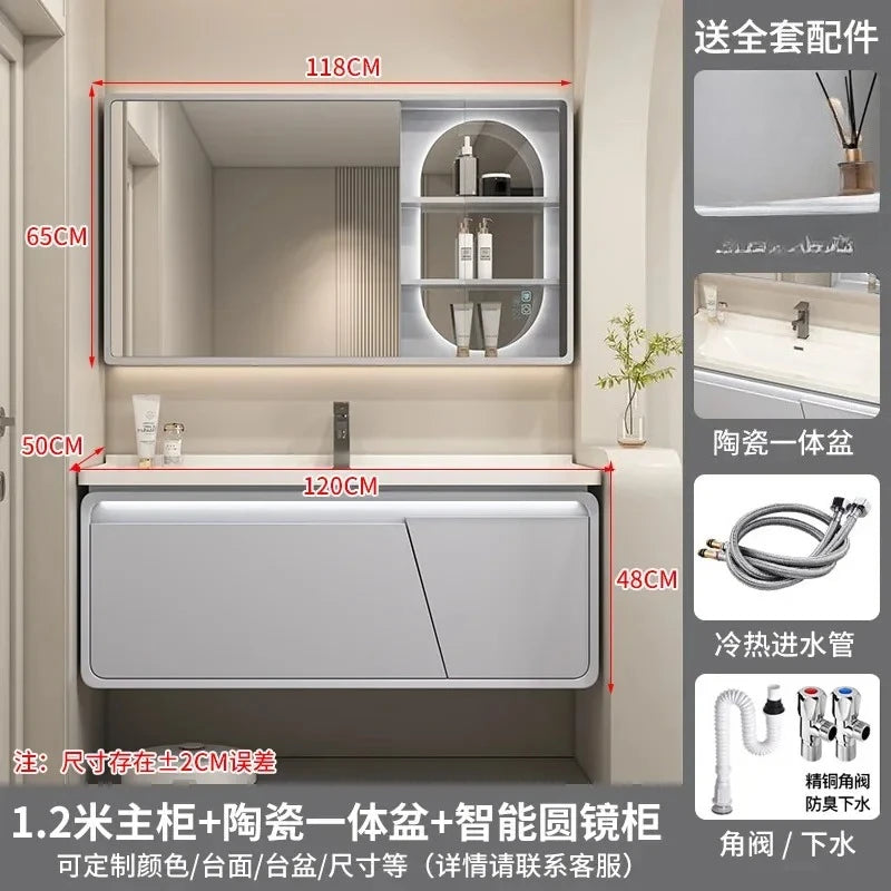 Mobile Bagno Moderno Intelligente con Lavabo Integrato in Ceramica, Armadietti in Rovere, Specchio LED e Mobiletto - Arredamento Bagno