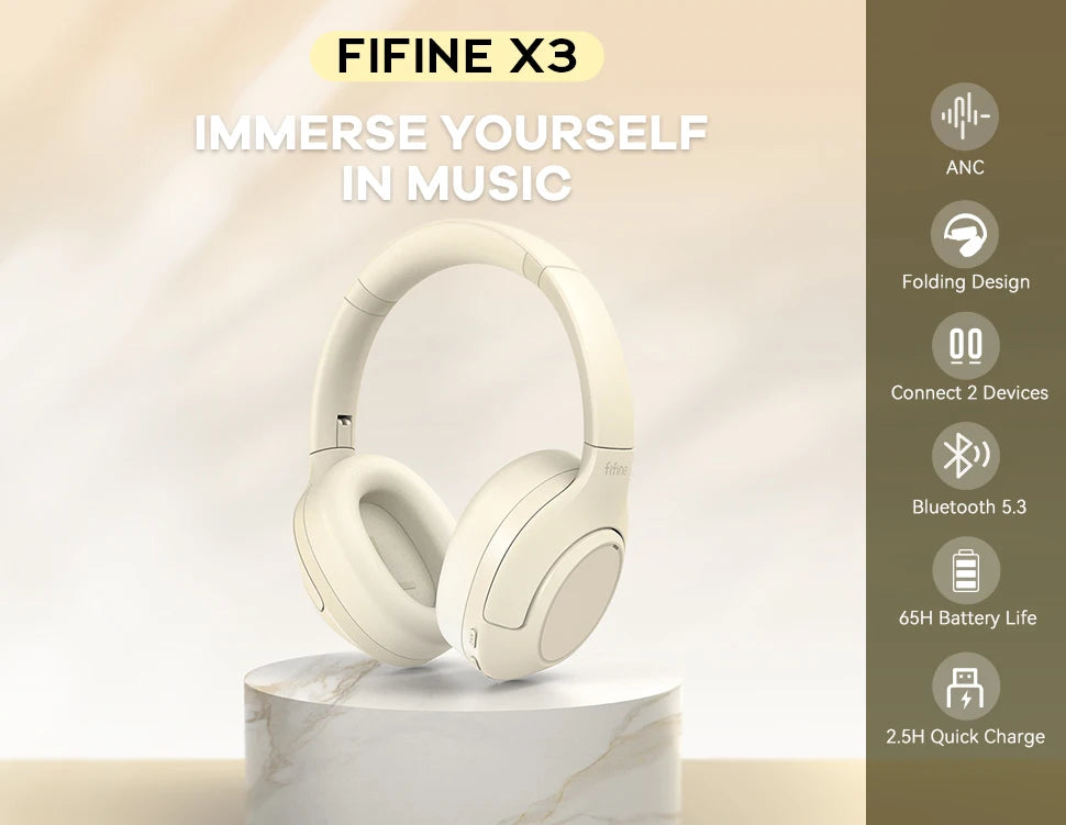 FIFINE Cuffie wireless Bluetooth per telefono/al pad, cuffie over-ear con cancellazione attiva del rumore per musica/gioco, portatili, 65H-X3