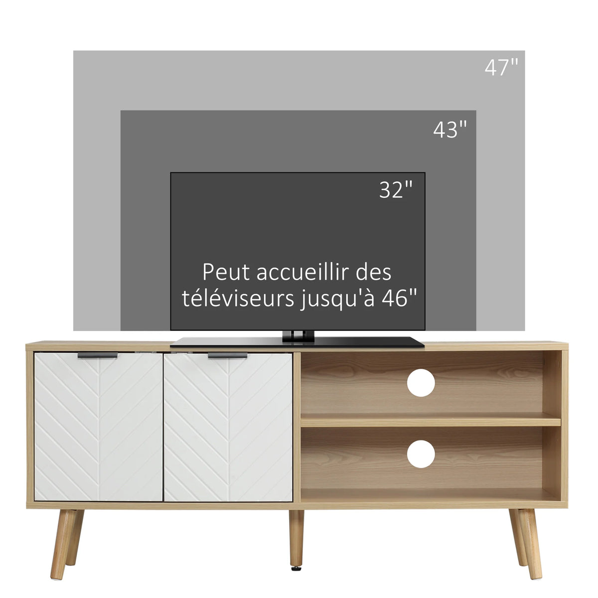 Mobile TV HOMCOM per televisori fino a 46 pollici, design scandinavo, 2 ante, 2 nicchie con passacavi, 110x39x cm