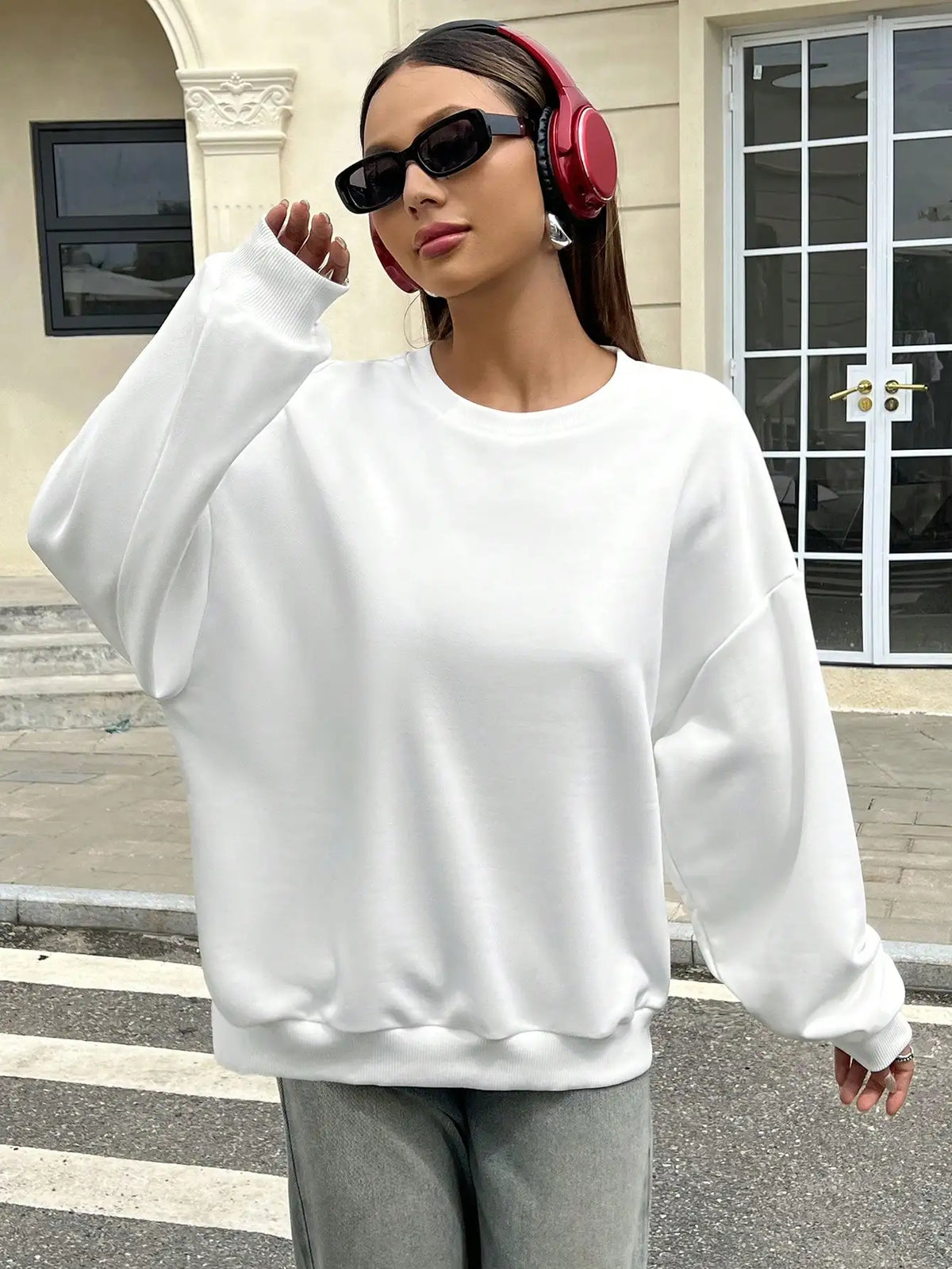 Felpa Sportiva Bianca da Donna per Autunno e Inverno, Top Casual Ampio, Nuova Felpa Casual a Maniche Lunghe con Collo Tondo in Tinta Unita