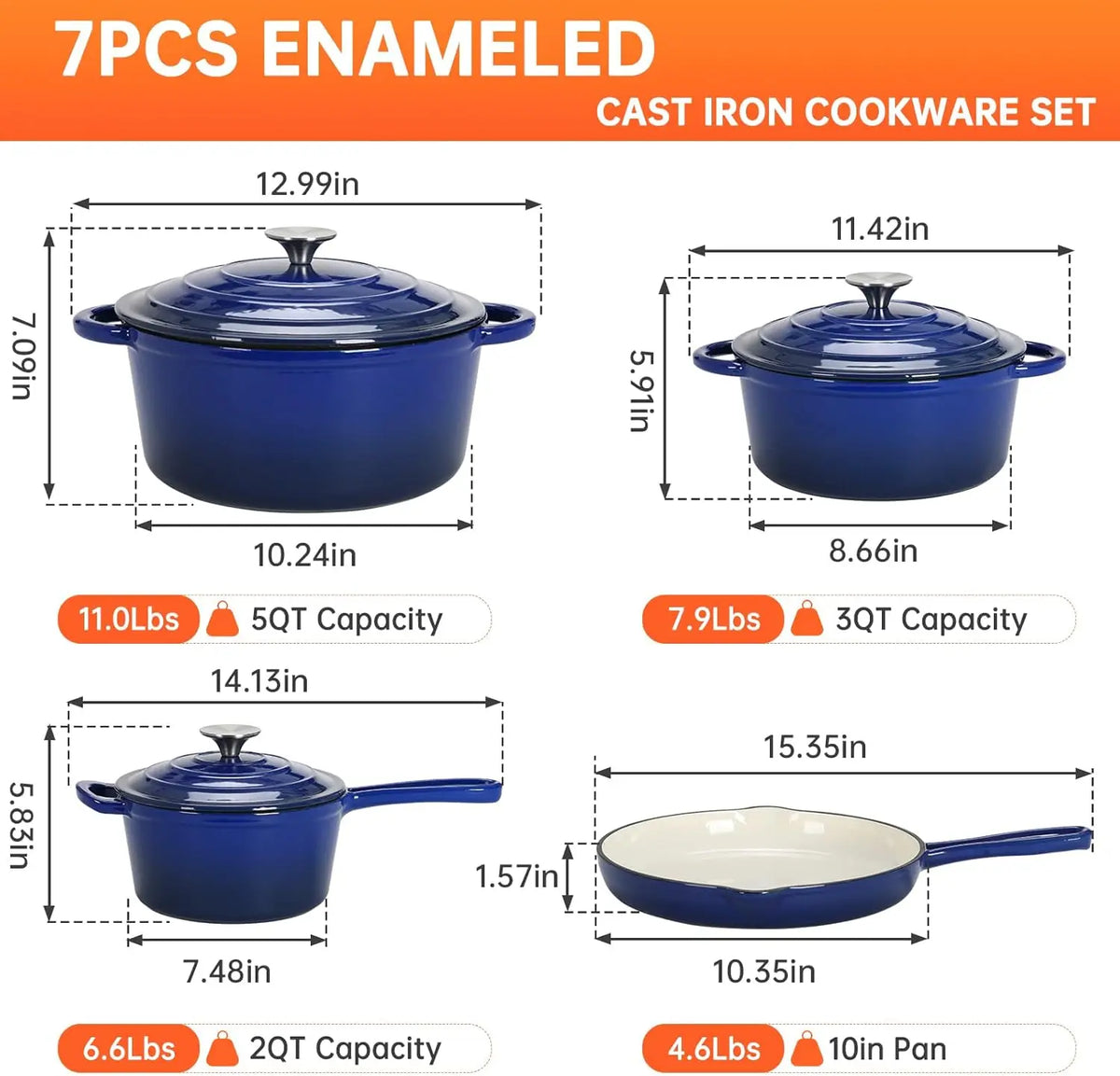 Set di Pentole in Ghisa Smaltata Antiaderente, 7 Pezzi, Set di Pentole e Padelle per Gas/Induzione, Senza PFOA e PFAS