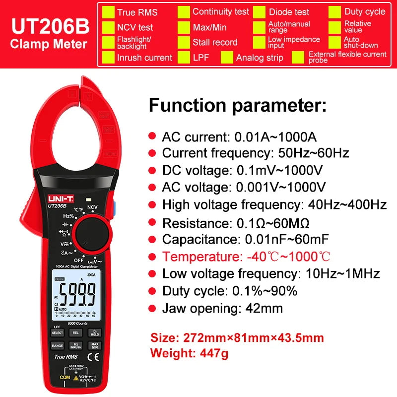UNI-T Pinza amperometrica UT201 UT202 UT202A UT203 UT204 Plus Tester digitale Voltmetro professionale Pinza Amperometro Multitester elettrico