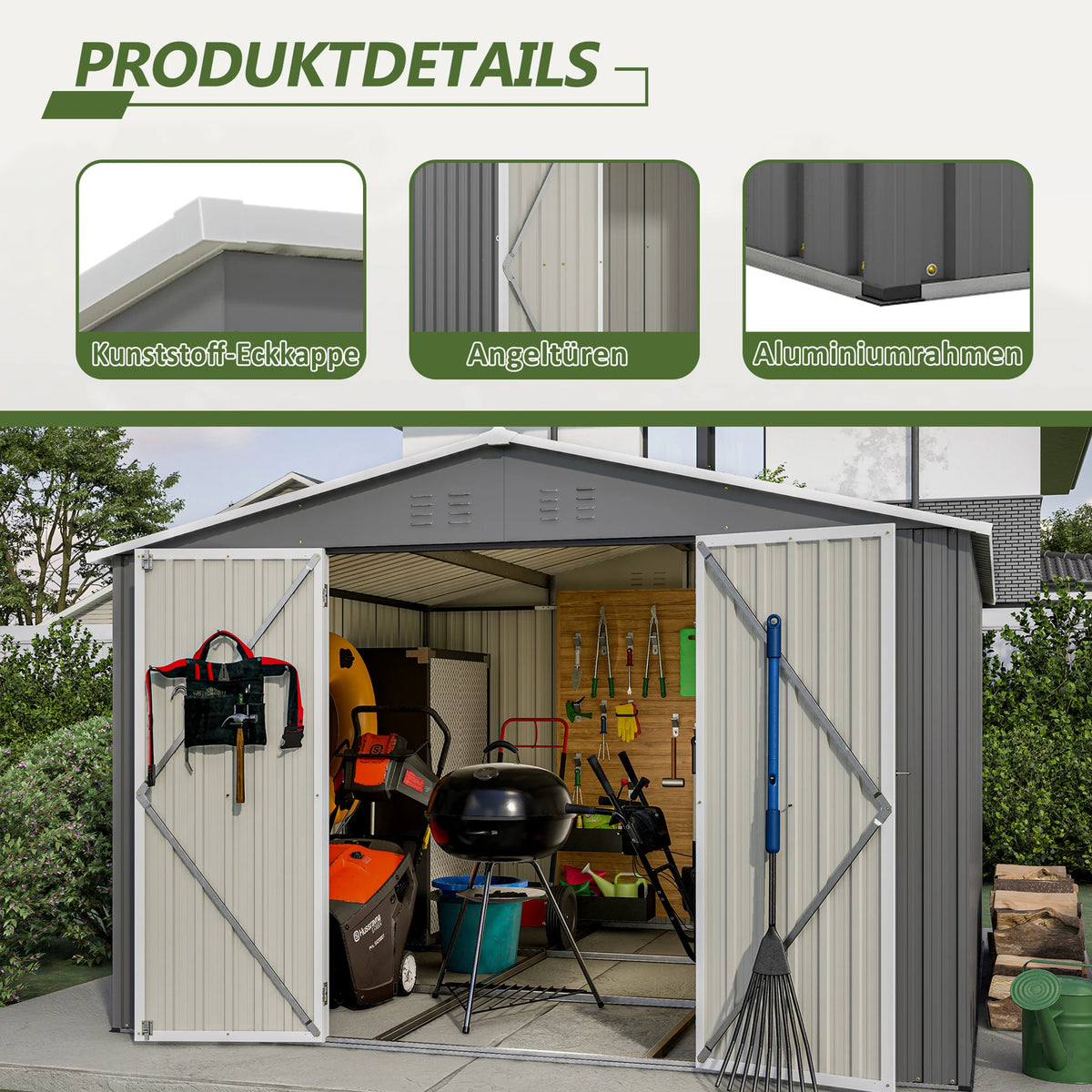 Capannone da Esterno in Metallo 10*10FT con Telaio di Supporto, Doppie Porte Chiudibili e Prese d'Aria, Edificio Impermeabile per lo Stoccaggio di Attrezzi da Giardino e Attrezzature per Prato.