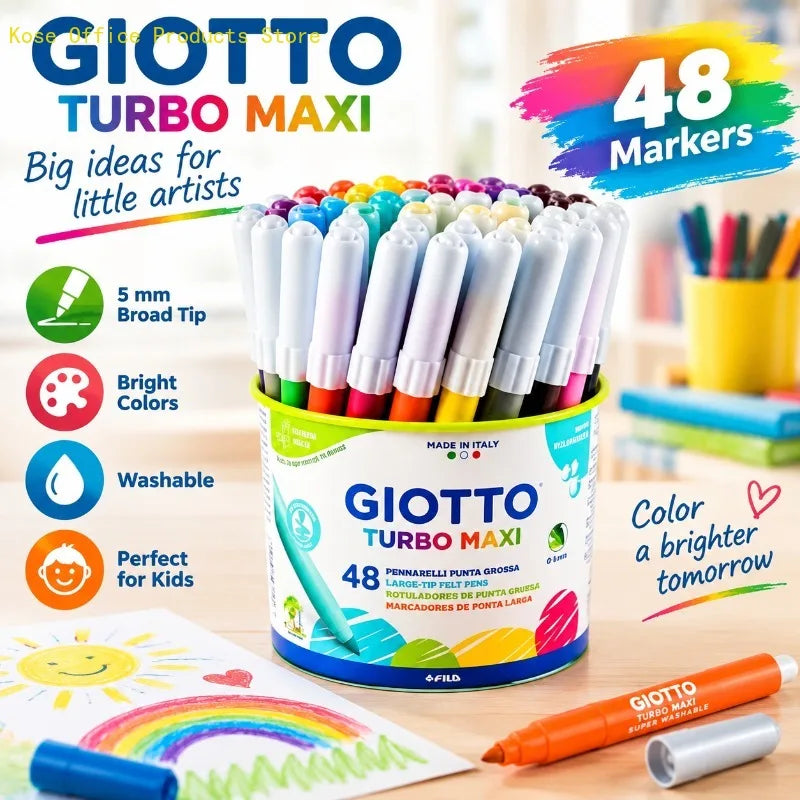 GIOTTO Set da 48 Pennarelli Lavabili con Punta in Feltro Turbo Maxi 5mm, Pennarelli Jumbo per Bambini, Scuola, Casa, Disegno, Colorazione, Set Artistico Creativo