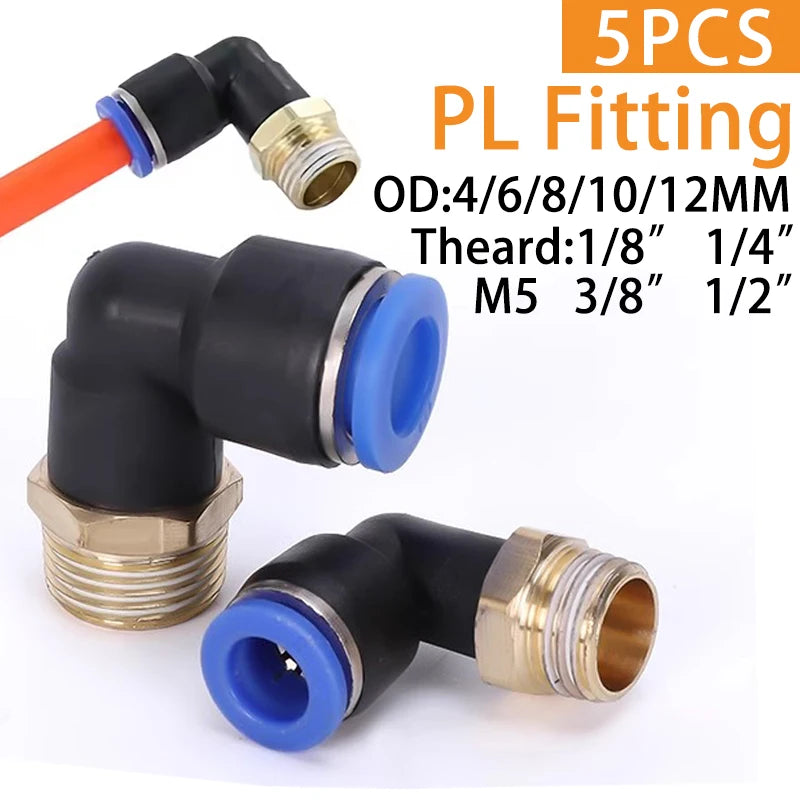 Set di 5 connettori pneumatici a gomito con filettatura maschio da 1/8', 1/4', 3/8', 1/2' per tubi dell'aria da 4/6/8/10/12 mm