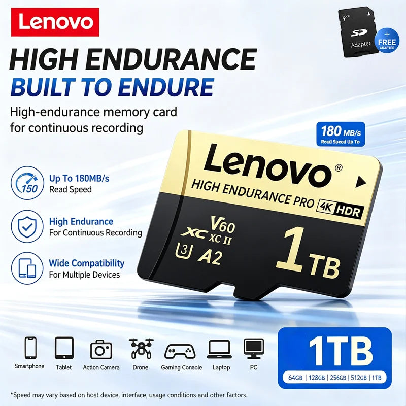 Scheda di memoria Micro SD TF ad alte prestazioni Lenovo, 1 TB, classe V60, A2, U3, per fotocamere d’azione DJI GoPro, 128 GB, 256 GB, 512 GB, scheda di memoria per droni.