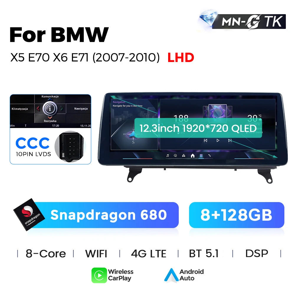 Sistema Multimediale Intelligente MEKEDE con CarPlay Wireless e Android Auto per BMW X5 E70 X6 E71, Schermo QLED da 10.25/12.3 Pollici, Android 14, CPU Snapdragon, Radio e Navigazione GPS per Auto