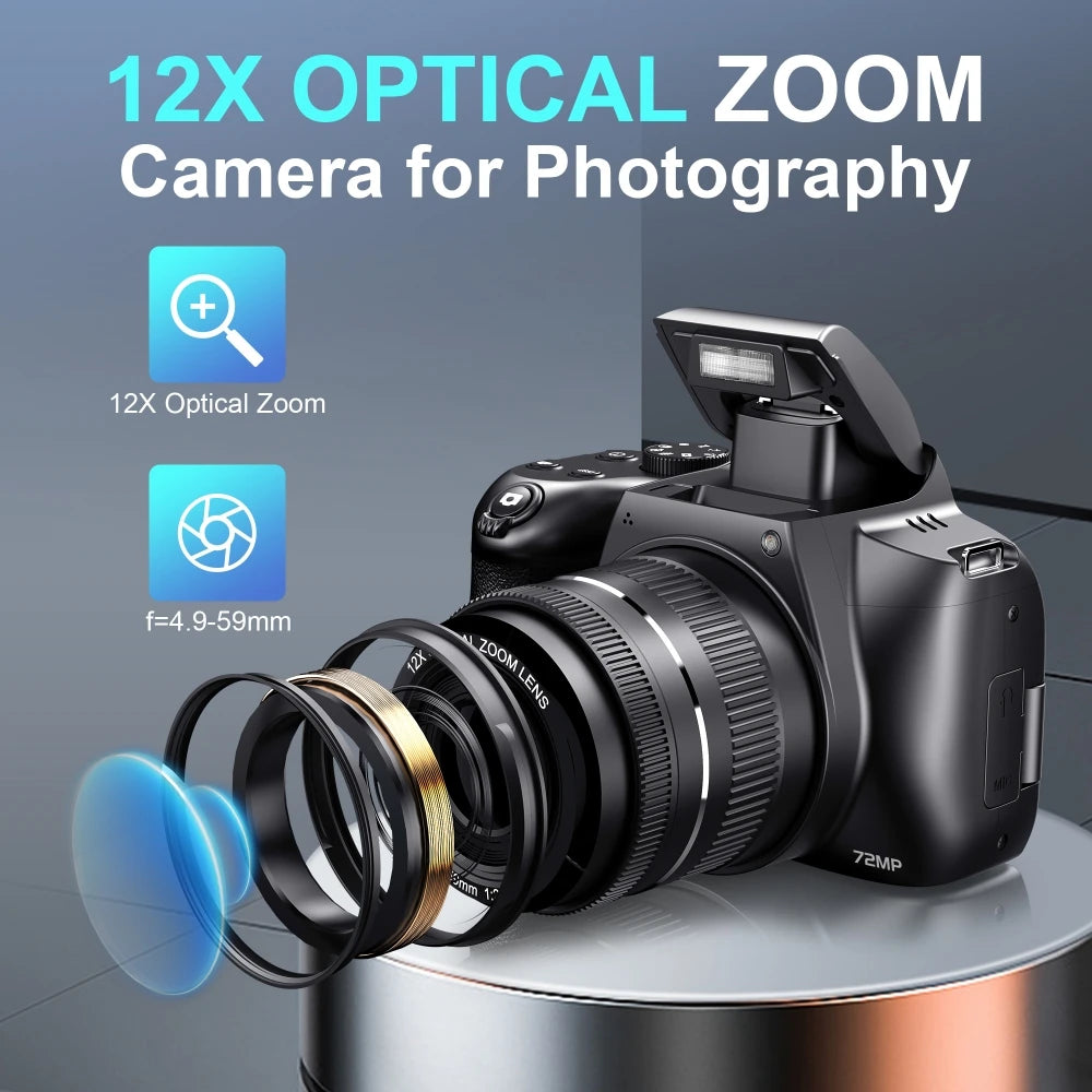 Fotocamera Digitale con Zoom Ottico 12X, 4K, WiFi, HD, 72MP, Avanzata, 270° ° Schermo Ribaltabile Autofocus Principiante/Principiante Selfie Macro