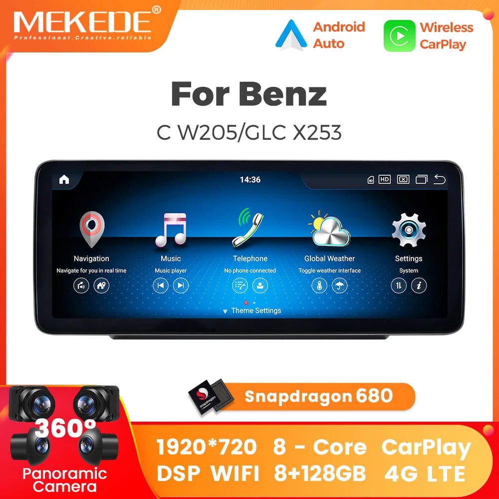 MEKEDE 10.25/12.3” QLED Snapdragon 4G Wireless CarPlay Auto per Mercedes Benz Classe C W205 S205 2014-2018 Lettore multimediale per auto