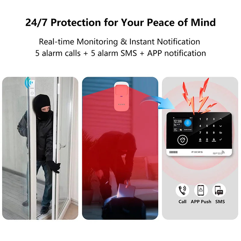 FUERS Sistema di allarme Smart Home WIFI GSM Allarme di sicurezza Host Ant-furto con sensore di movimento porta Tuya Smart App controllo lavoro Alexa