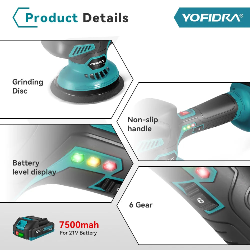 Lucidatrice elettrica per auto YOFIDRA 150MM 7000RPM, 6 velocità, senza fili, per lucidatura, levigatura e ceratura, compatibile con batteria Makita 18V.