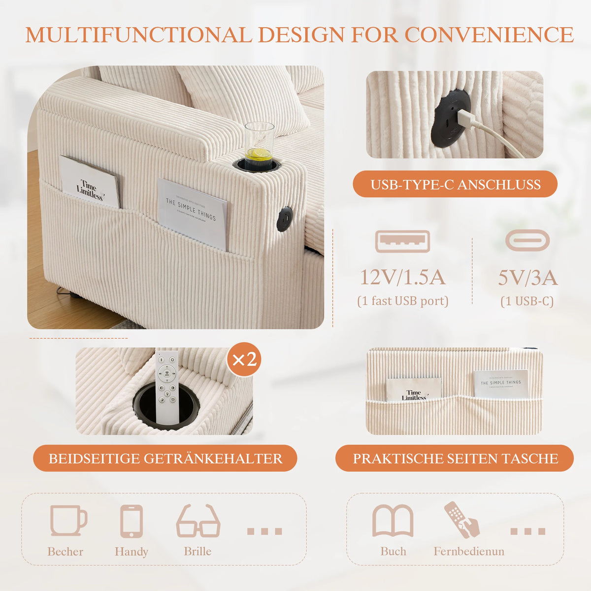 Divano in Velluto a 4 Posti con Vano Portaoggetti Integrato e Portabevande, Divano Moderno con Porte USB e Funzione Letto Estensibile