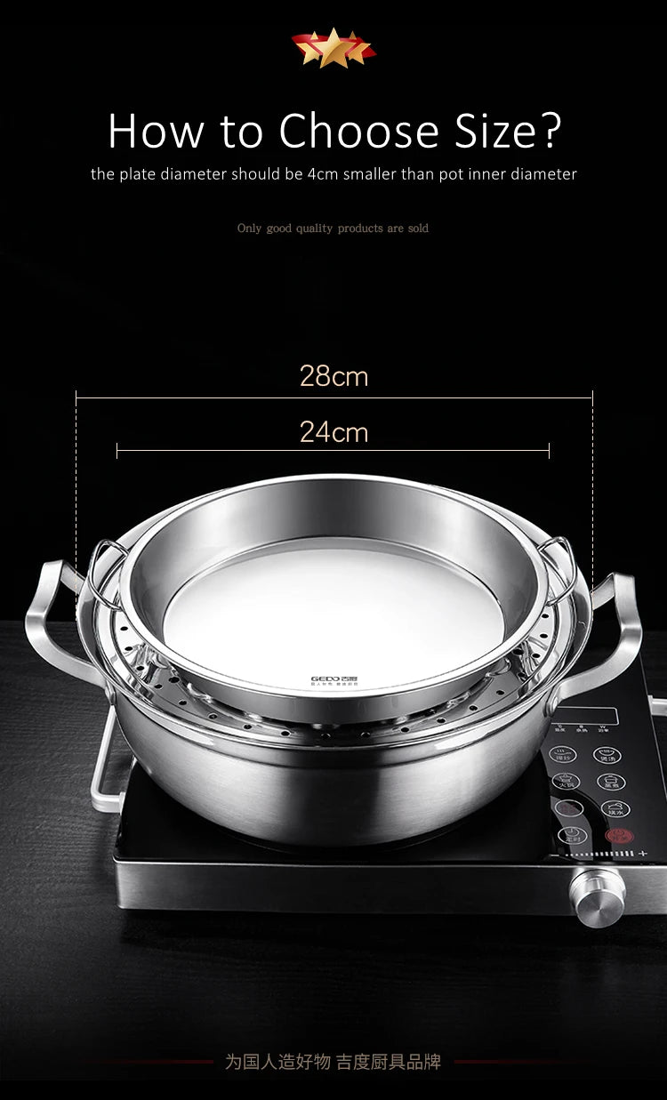 Piatto da cucina in acciaio inossidabile 304 certificato LFGB con 2 maniglie laterali Piatto per cottura a vapore ultra spesso per frutti di mare per stoviglie per banchetti
