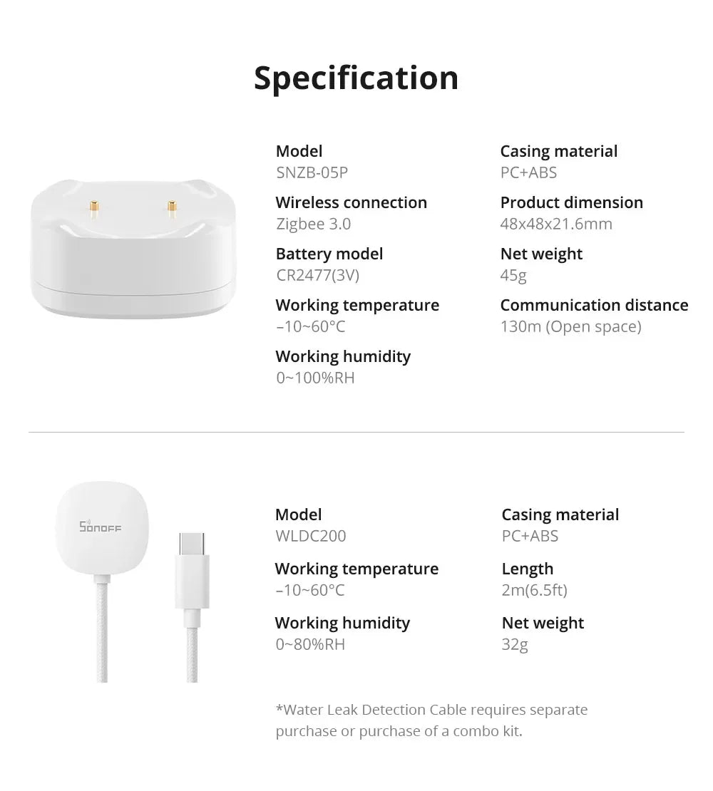 SONOFF SNZB-05P Sensore di perdite d'acqua Zigbee Sonoff, Rilevatore d'acqua con avvisi in tempo reale, Notifiche multiple, Supporto esteso