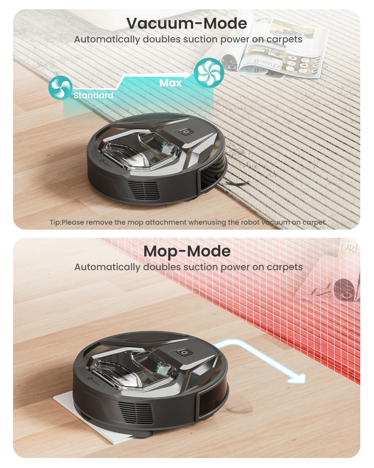 Robot Aspirapolvere Lefant M320 con Funzione Lavapavimenti, Potente Aspirazione 6000Pa, Contenitore Polvere Visibile, Rilevamento Tappeti, Controllo Vocale Alexa