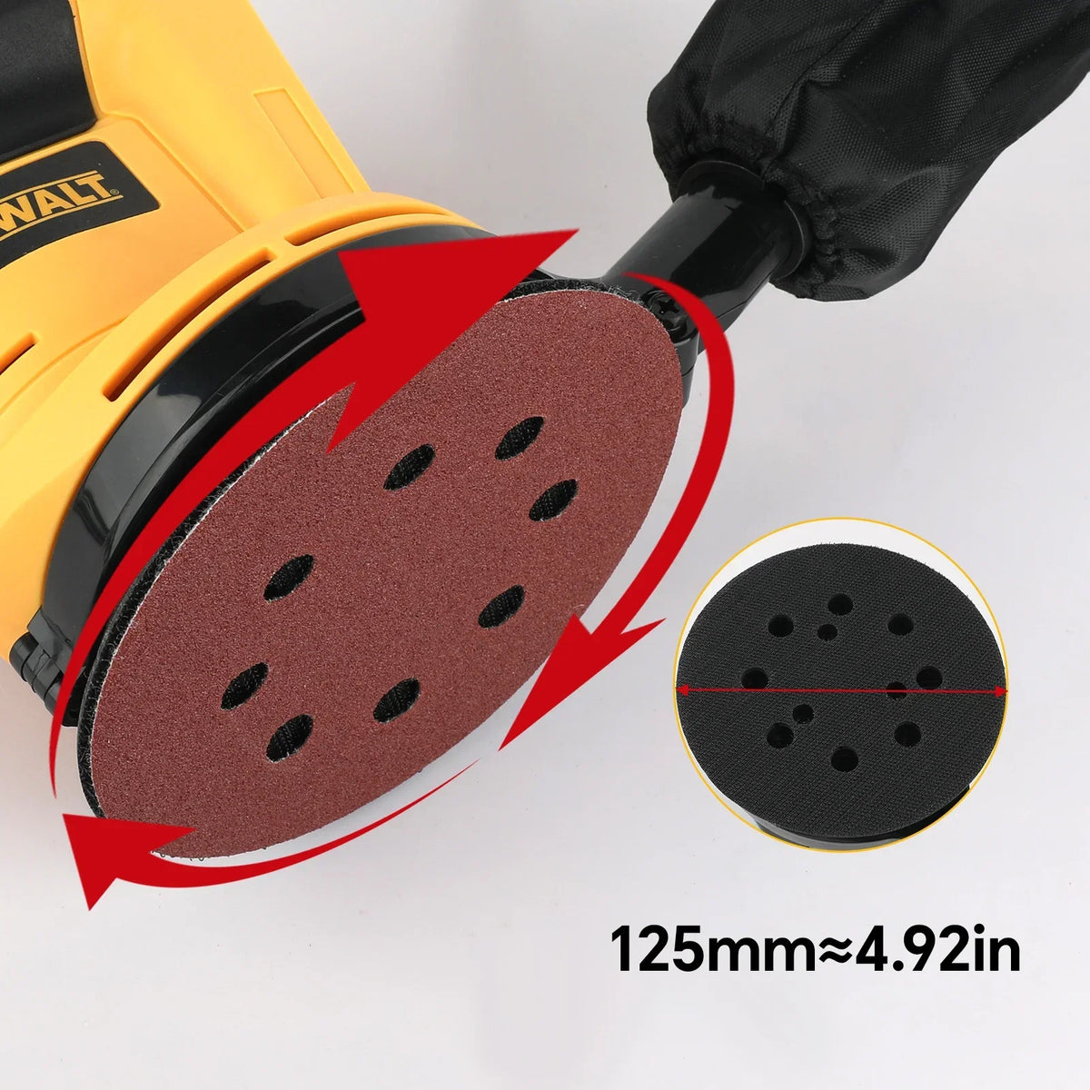 Levigatrice orbitale DEWALT per impieghi gravosi, velocità variabile e sistema di raccolta polvere, strumento ideale per officine e cantieri per la lucidatura del legno