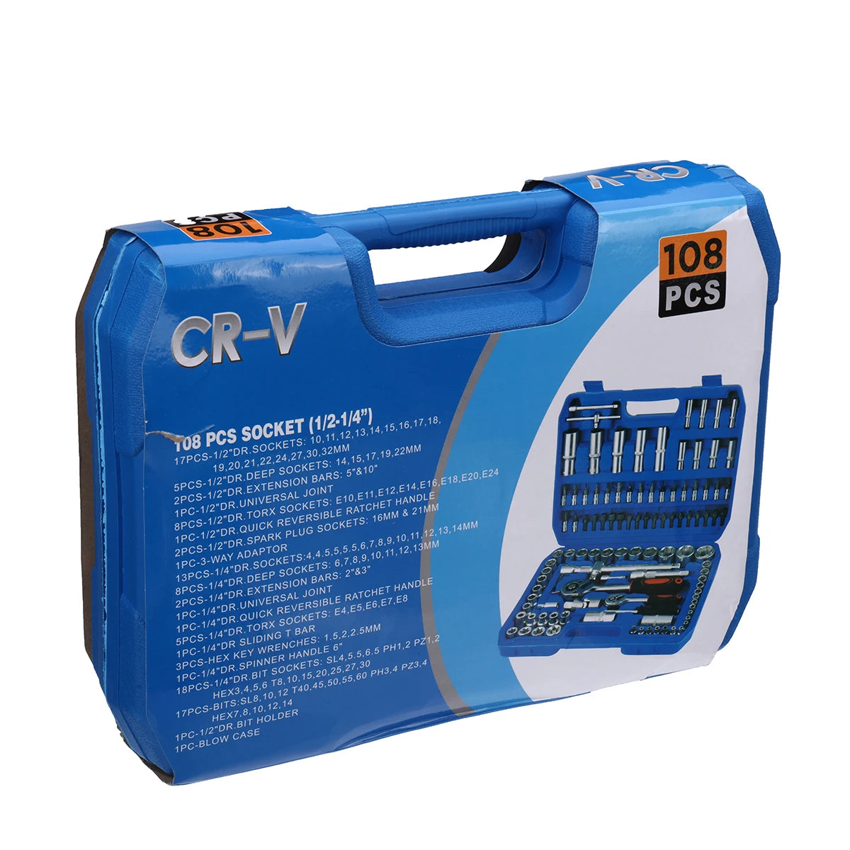 Set di chiavi a cricchetto da 108 pezzi, kit combinato di chiavi dinamometriche per riparazione auto, con attacco da 1/4" e 1/2", cacciaviti e punte, utensili manuali