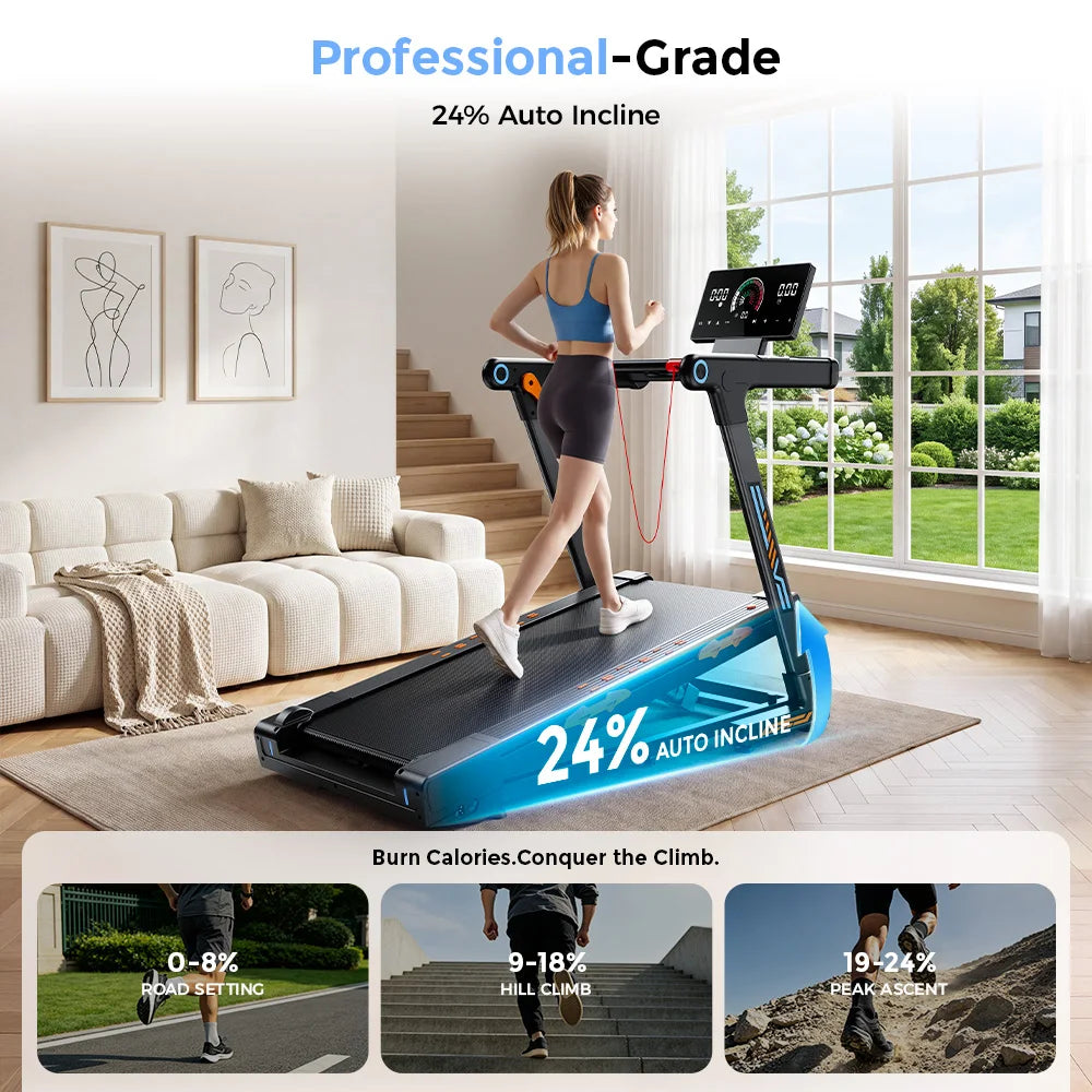 Treadmill Pieghevole FT71 4.0HP, Pedana da Camminata con Inclinazione Automatica del 24%, Macchina da Corsa con APP, Ricarica Wireless, Display LED, Capacità 150KG