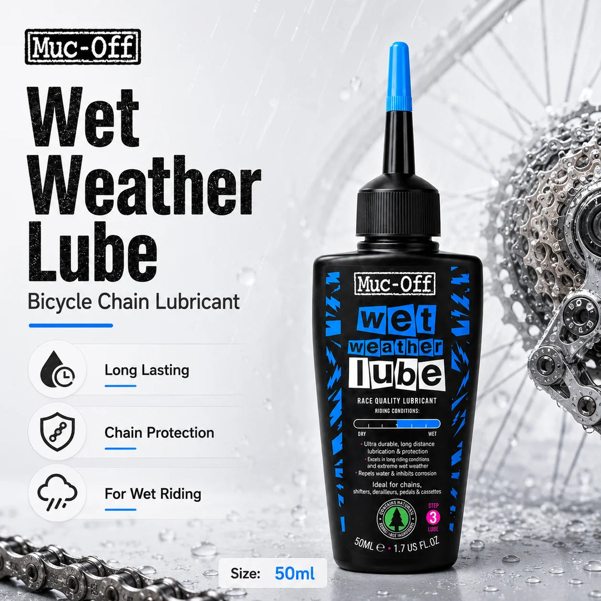 Lubrificante per Catene Muc-Off 50ml, per Uso a Secco o Bagnato, Adatto a Tutte le Condizioni Atmosferiche, Riduce l'Attrito e Garantisce Cambi Fluidi per Biciclette da Strada e MTB