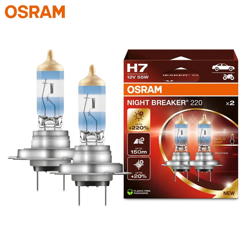 OSRAM Night Breaker 220 Lampade per auto H4 H7 H11 Faro alogeno + 220% Potenza luminosa + Fascio lungo 150 m Luce originale 12 V Germania, 2x