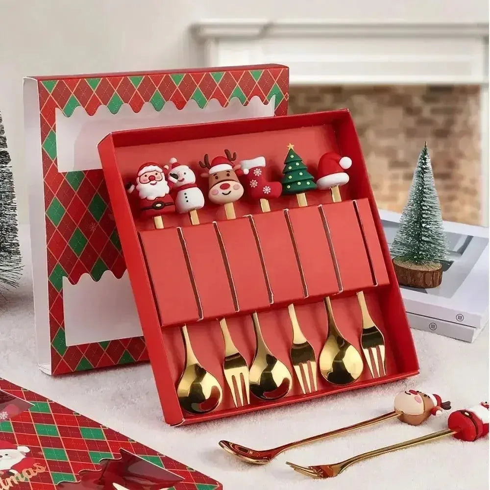 Set cucchiaio e forchetta natalizio in acciaio inossidabile caffè tè utensili da dessert confezione regalo design albero di Babbo Natale facile da pulire 6/4/2/1PZ