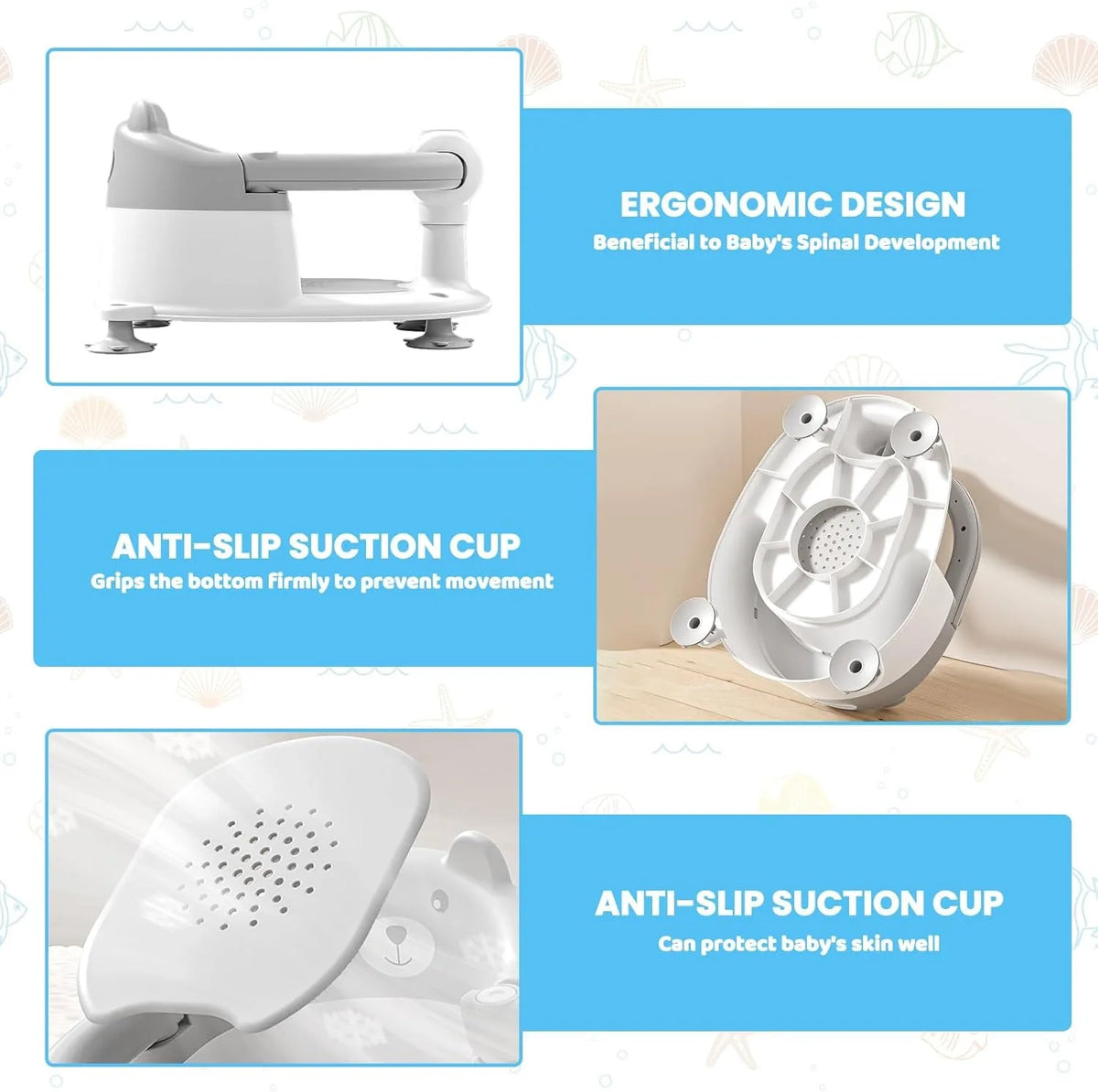 Seggiolino da bagno per neonati 6 mesi Plus. Sedia da bagno per bambini antiscivolo con orsetto carino Sedia da bagno sicura per neonati e neonati