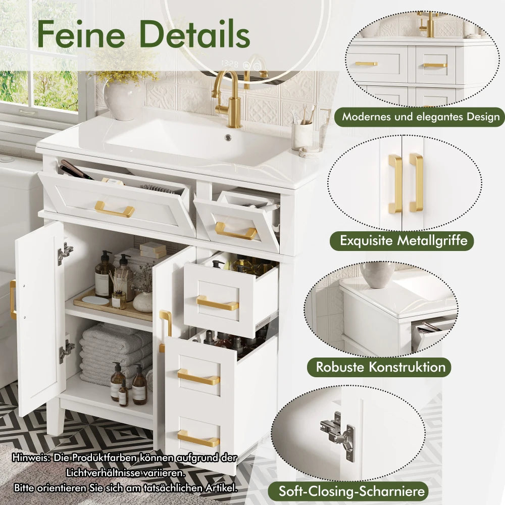 Mobile bagno moderno 76x86x46,5 cm con lavabo in ceramica integrato, mobiletto a cassetti autoportante con ampio spazio contenitivo, dotato di chiusura ammortizzata silenziosa e protezione dal troppo pieno del lavabo, elegant