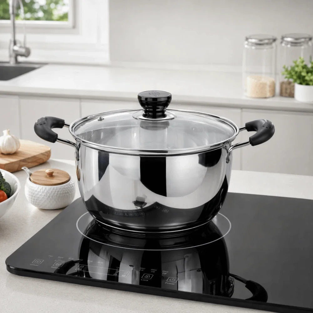Pentola Profonda in Acciaio Inox con Doppio Manico e Coperchio, Pentola per Zuppa Antiaderente 18/20/22/24cm Utensili da Cucina e Strumenti per Cucinare