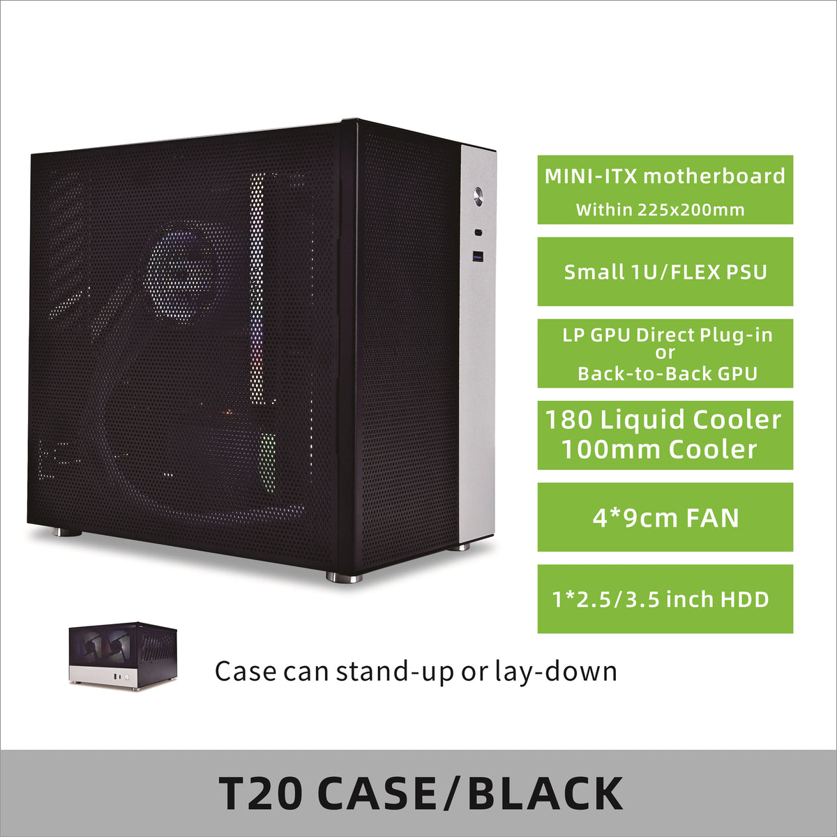 METALFISH T20 Mini ITX Custodia bianca 9L Supporto telaio PC compatto Flex PSU/240mm GPU/100mm Dispositivo di raffreddamento/180 Dispositivo di raffreddamento liquido